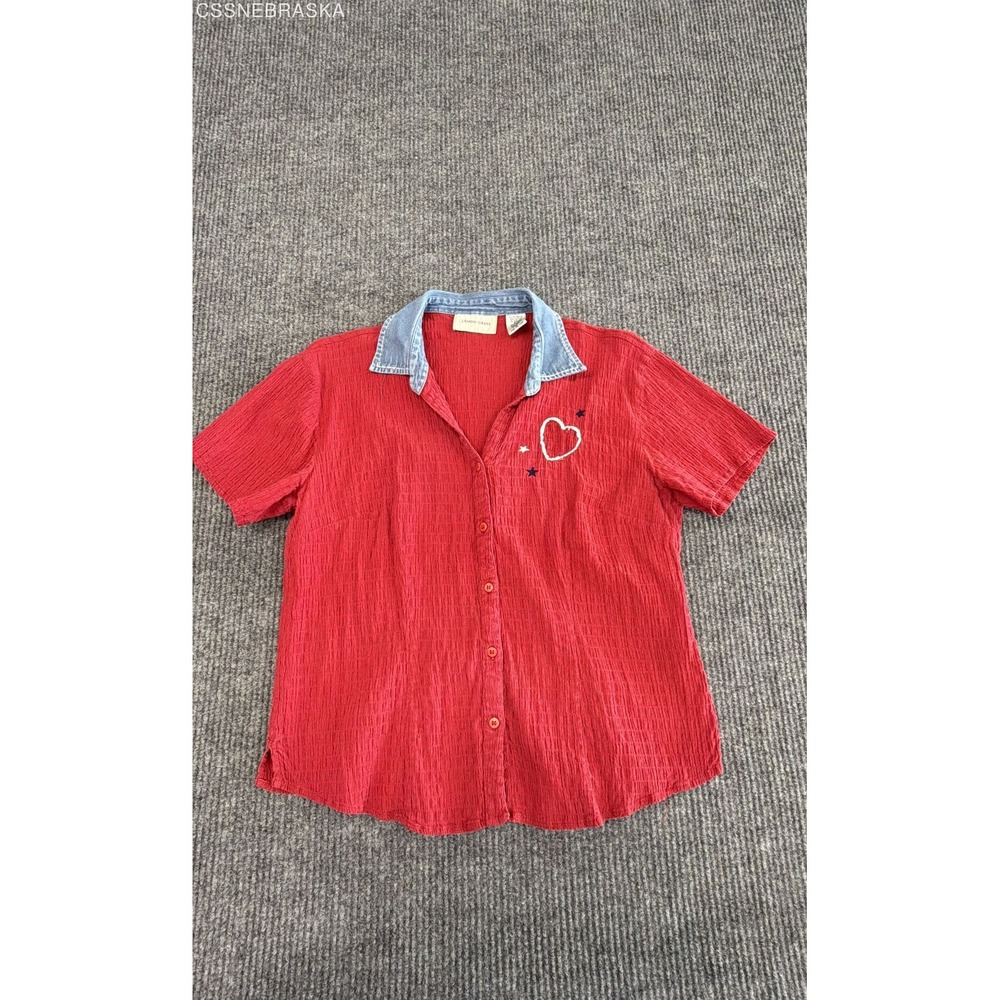 Lemon Grass Women's Red Pucker Poplin Shirt Denim Collar Heart Star Sz L
